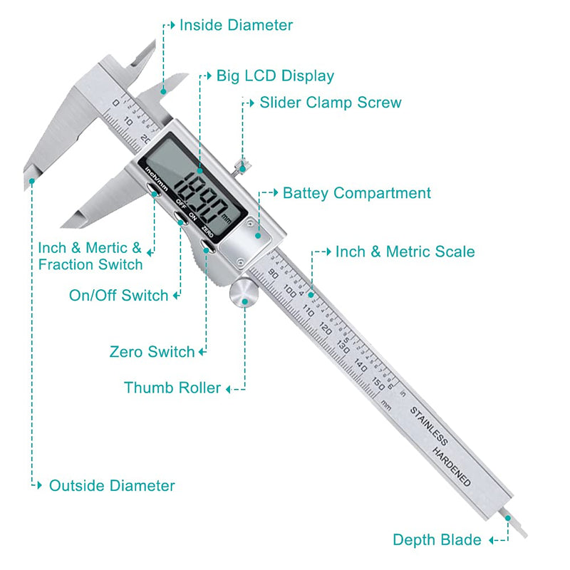 [Australia - AusPower] - Digital Caliper 6 Inch Stainless Steel Vernier Caliper Digital Electronic Micrometer Caliper Measuring Tool Waterproof Inch/Metric/Fractions Conversion Large LCD Display Auto-Off 