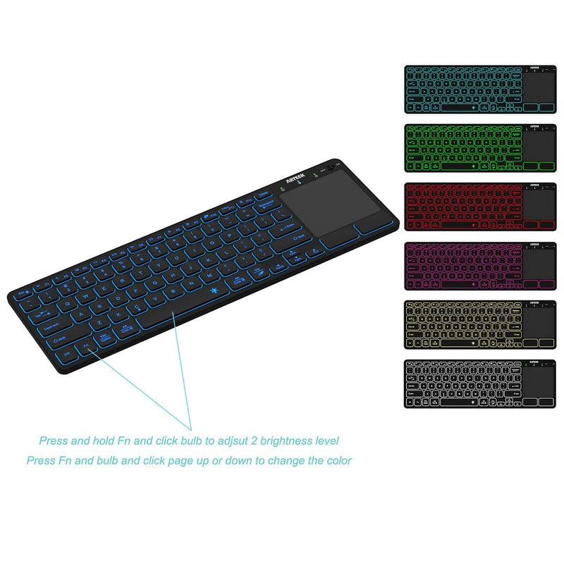 [Australia - AusPower] - Arteck Universal Backlit 7-Colors Bluetooth Touch TV Keyboard with Easy Media Control and Build-in Touchpad for TV-Connected Computer, Smart TV, Desktop, Laptop, iPad, Surface, Tablet, HTPC 