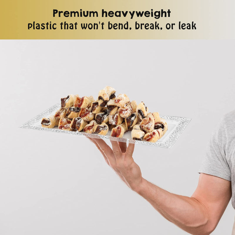 [Australia - AusPower] - 4 (pk) Yumchikel 14" x 7.5" Clear Lace Rim Plastic Serving Trays & Platters | Heavy Duty Disposable Decorative Dessert Tray - Party Platters for Upscale Parties Weddings Brand: Yumchikel 