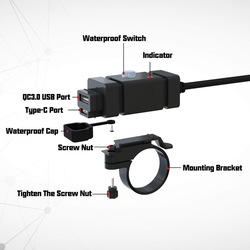 [Australia - AusPower] - iMESTOU Motorcycle Phone Charger Kit 18W Ring Terminal to USB C 3.0A Quick Charge Dual USB QC 3.0 Handlebar Cellphone Charge Adapter Switch & Fuse for 12V/24V Motorcycles PD&USB Output -Ring 