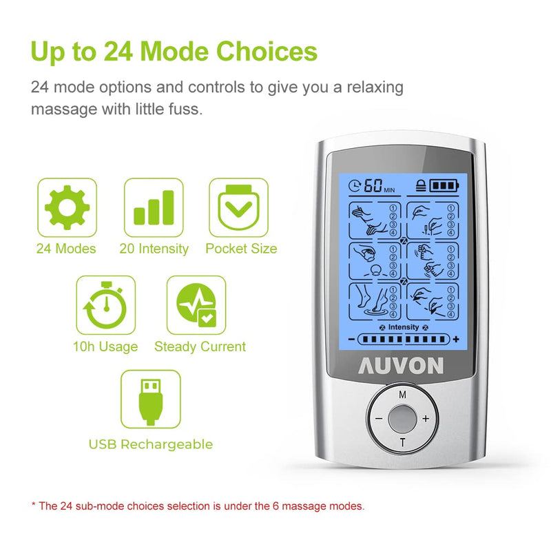 [Australia - AusPower] - AUVON Rechargeable TENS Unit Muscle Stimulator, 24 Modes 4th Gen TENS Machine with 8pcs 2"x2" Premium Electrode Pads for Pain Relief 