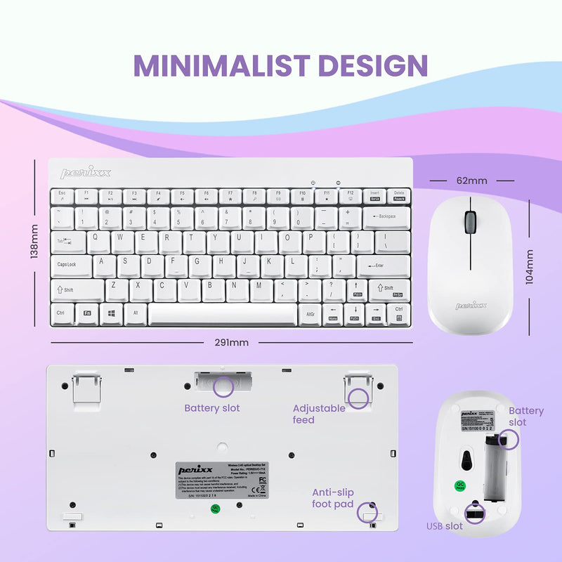 [Australia - AusPower] - Perixx Periduo-712W Wireless Mini Keyboard and Mouse Set, White, US English Layout,PERIDUO-712 