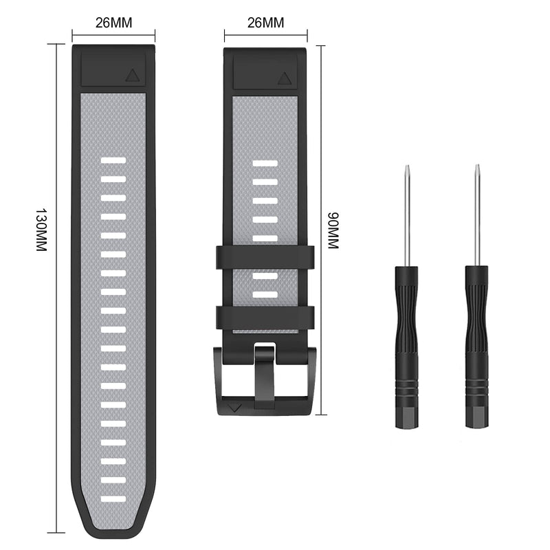 [Australia - AusPower] - OVERSTEP Compatible with Garmin Fenix 5X, 26mm Width Soft Silicone Replacement Band for Fenix 5X, 5X Plus/ Fenix 6X, 6X Pro/ Fenix 7X/ Fenix 3, 3HR/ Tactix/ Descent MK1, Grey/Black 
