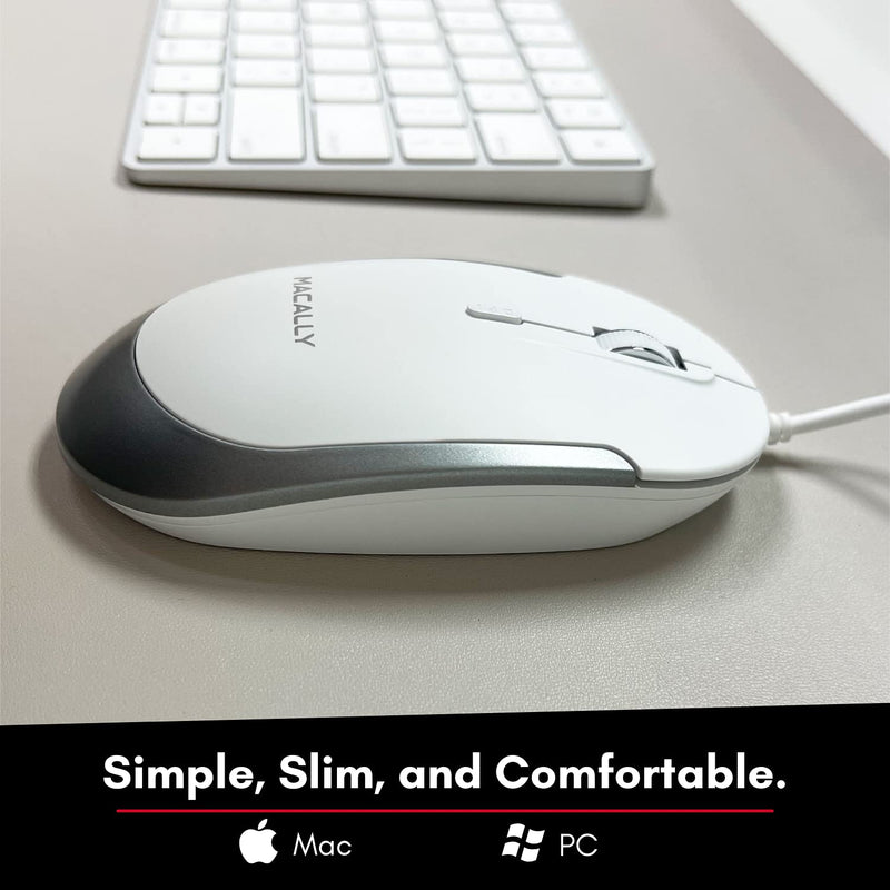 [Australia - AusPower] - Macally Silent Wired Mouse - Slim & Compact USB Mouse for Laptop/Desktop Windows PC or Apple Mac - Designed with Optical Sensor & DPI Switch - Simple & Comfortable Wired Computer Mouse (White) White with Silver Trim 