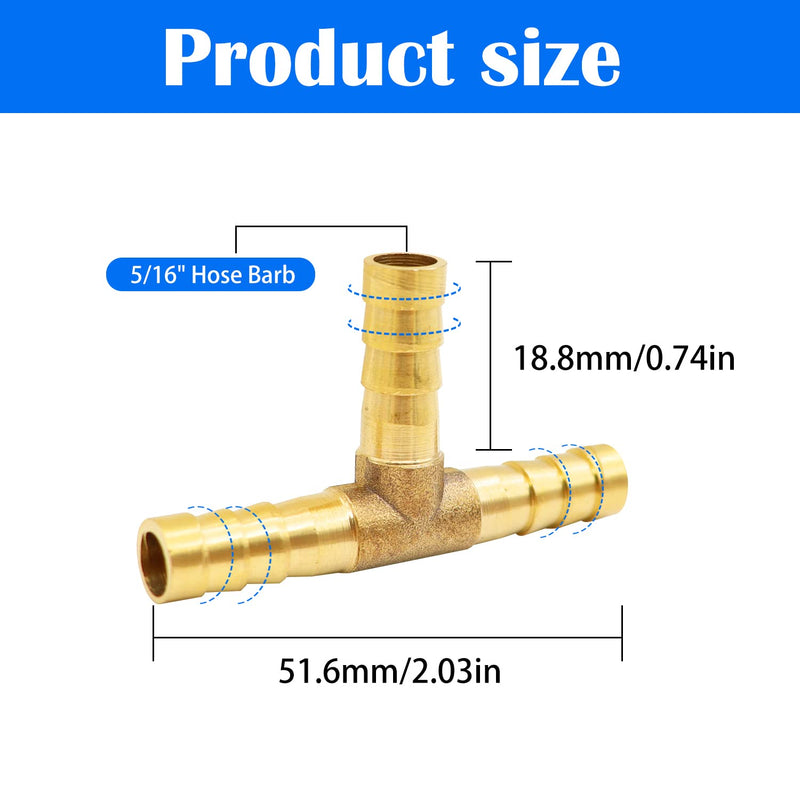 [Australia - AusPower] - Tnuocke 2pcs 5/16" Brass Tee Barb Fittings,3 Way Union Intersection Fitting T Shape Barbed Splitter Fitting Splicer with Hose Clamps for Water Fuel Air H-058-5/16 Tee-5/16-2PCS 