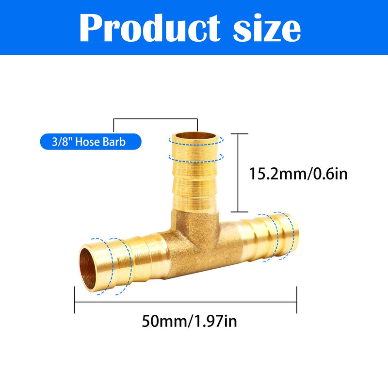 [Australia - AusPower] - Tnuocke 3pcs 3/8" Brass Tee Barb Fittings,3 Way Union Intersection Fitting T Shape Barbed Splitter Fitting Splicer with Hose Clamps for Water Fuel Air H-058-3/8 Tee-3/8-3PCS 