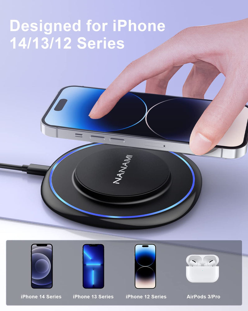 [Australia - AusPower] - NANAMI Wireless Charger - Magnetic Fast Wireless Charging Pad Magnet Charger Mat Compatible iPhone 14/14 Pro/14 Pro Max /14 Plus/13/13 Pro/12/12 Pro, Mag Safe Phone Charger for AirPods 3/2/Pro Black 