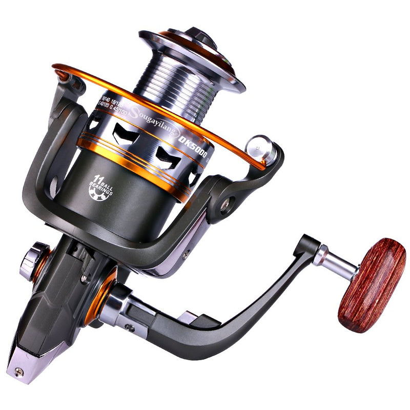 [Australia - AusPower] - Sougayilang Spinning Fishing Reels with Left/Right Interchangeable Collapsible Wood Handle Powerful Metal Body 5.2:1/5.1:1 Gear Ratio Smooth 11BB for Inshore Boat Rock Freshwater Saltwater Fishing DK1000 
