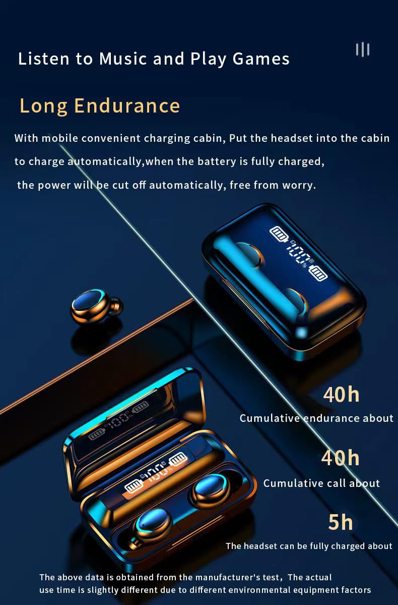[Australia - AusPower] - AuspicLC Wireless Earphones Bluetooth Earphones Bluetooth 5.1 Led Display 40 Hours Playback Time Built-in Microphone Waterproof Earphones with Earplugs Suitable for Sports and Running Training 