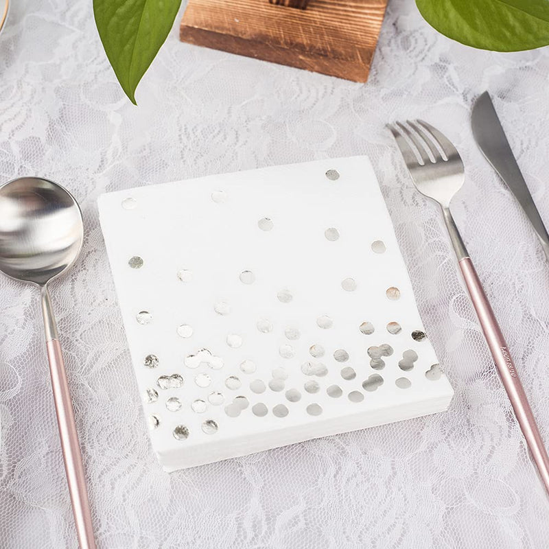 [Australia - AusPower] - 80 Pack of White Paper Cocktail Napkins with Gold Foil Polka Dot Confetti，Polka Dot Party Supplies(5 x 5 in，3-ply) (Silver) silver 