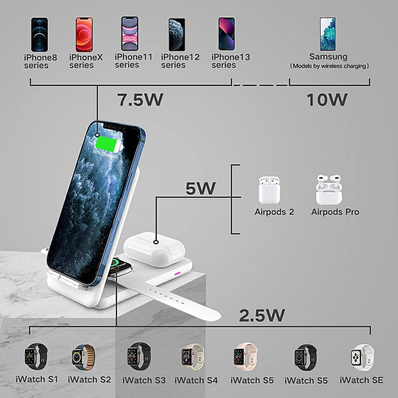 [Australia - AusPower] - Foldable Wireless Charger, Almsbo Portable 3 in1 Wireless Charger Station for AirPods Pro/2 Apple Iwatch 6/SE/5/4/3/2/1,iPhone 11/12/13 Series/XS MAX/XR/XS/X/8/8 Plus Pearl White 