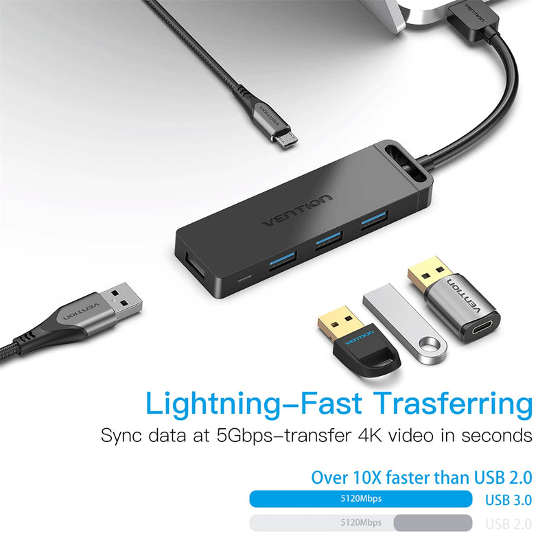 [Australia - AusPower] - VENTION USB 3.0 Hub, 4 Ports USB Hub Ultra-Slim Data USB Hub 1.6FT Extended Cable [Charging Supported], Compatible with MacBook, Laptop, Surface Pro, PS4, PC, Flash Drive, Mobile HDD (0.5m/1.6ft) 0.5m/1.6ft 