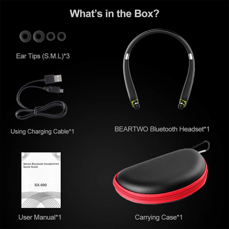 [Australia - AusPower] - Bluetooth Headphones, BEARTWO Upgraded Foldable Wireless Neckband Headset with Retractable Earbuds, Noise Cancelling Stereo Earphones with Mic for Workout, Running, Driving (with Carry Case) Black 
