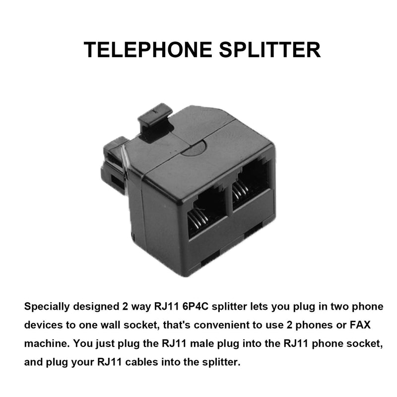 [Australia - AusPower] - Phone Cord 15FT, Landline Telephone Cable with RJ11 Plug, Includes Telephone Inline Coupler RJ11 Splitter and 10pcs Cable Clips(Black) Black 