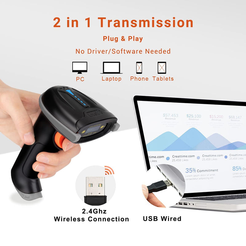 [Australia - AusPower] - Tera Barcode Scanner Wireless Versatile 2-in-1 (2.4Ghz Wireless+USB 2.0 Wired) with Battery Level Indicator, 328 Feet Transmission Distance Rechargeable 1D Laser Bar Code Reader USB Handheld (Grey) Grey 