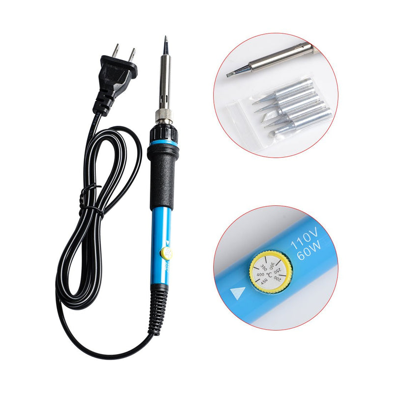 [Australia - AusPower] - Wolfwhoop H3 Full Set 60W 110V Adjustable Temperature Welding Iron Electric Soldering Iron Kit with 5pcs Tips, 2pcs Tweezers, Desoldering Pump, Tin Wire Tube, Stand and 6pcs Aid Tools in Carry Bag 