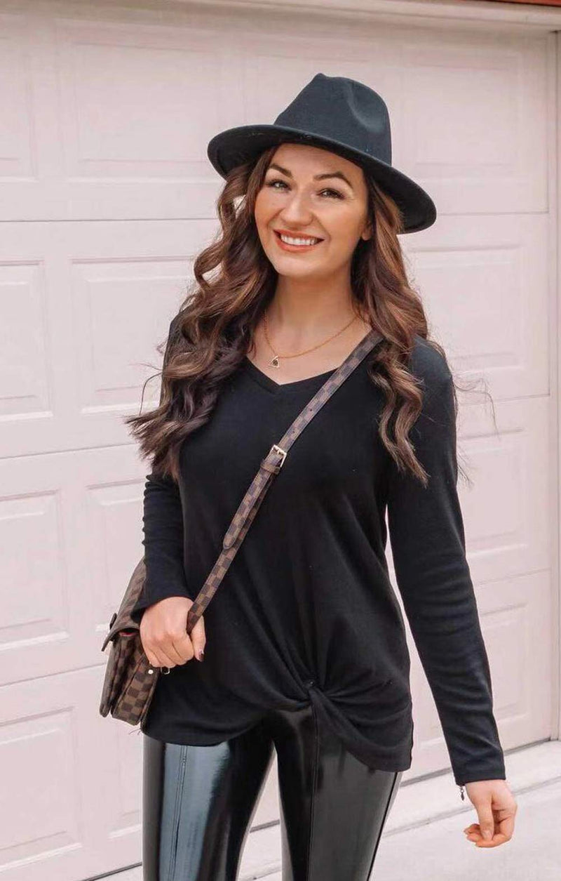 [Australia - AusPower] - Lanzom Womens Classic Wide Brim Floppy Panama Hat Belt Buckle Wool Fedora Hat A-black One Size 
