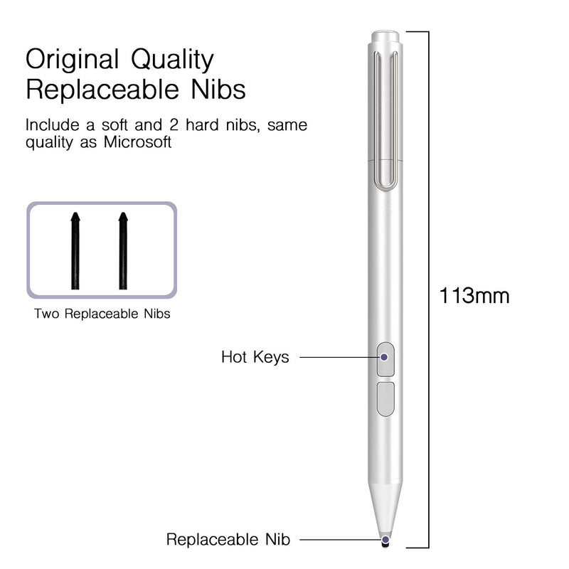 [Australia - AusPower] - Uogic Pen for Microsoft Surface, Palm Rejection, 1024 Levels Pressure, Flex & Soft HB Nib, Compatible with Surface Pro/ Book/ Laptop/ Go, Including 2 Spare Nibs & AAAA Battery Silver 