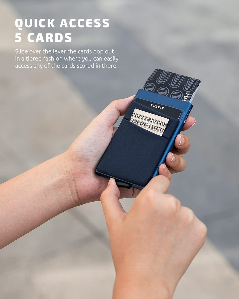 [Australia - AusPower] - VULKIT Card Holder with Money Pocket Pop Up Wallet RFID Blocking Slim Metal Bank Card Case Holds 5 Cards and Notes(Navy) Navy 