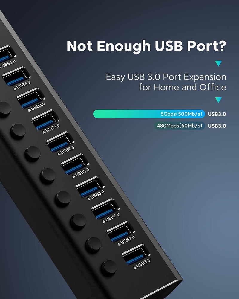 [Australia - AusPower] - Powered USB Hub, Rosonway Aluminum 10 Port USB 3.0 Data Hub with 36W (12V/3A) Power Adapter and Individual On/Off Switches USB Splitter(RSH-A10) 