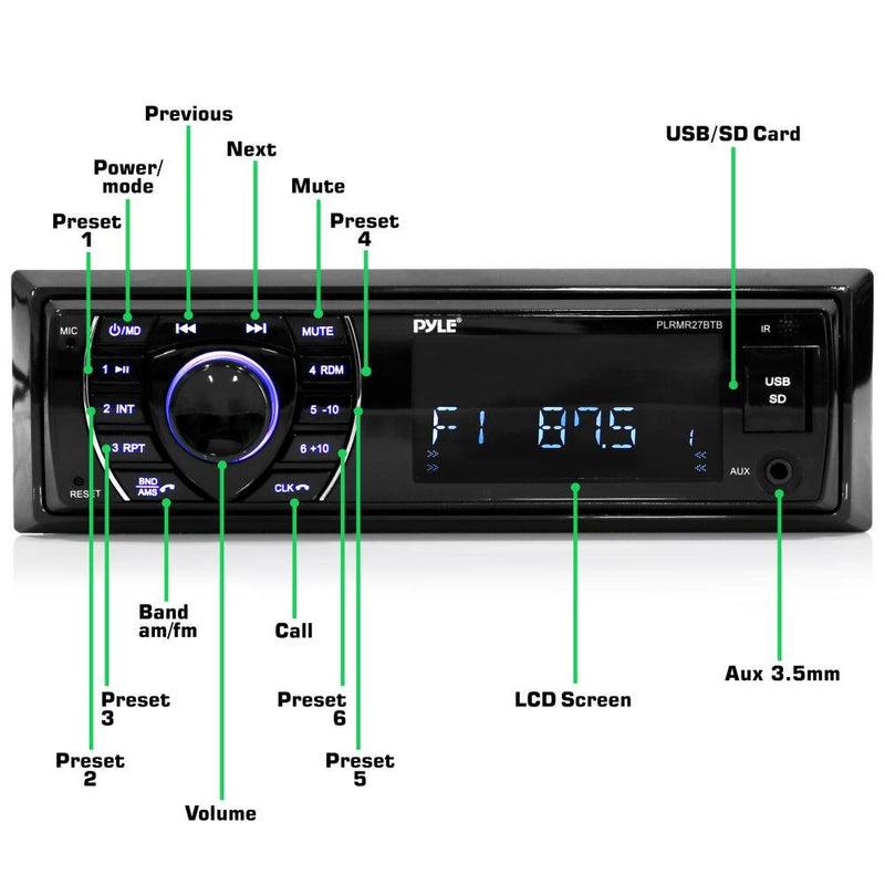 [Australia - AusPower] - Pyle Bluetooth Marine Receiver Stereo - 12v Single DIN Style Boat In dash Radio Receiver System with Digital LCD, RCA, MP3, USB, SD, AM FM Radio - Remote Control, Wiring Harness - PLRMR27BTB (Black) 