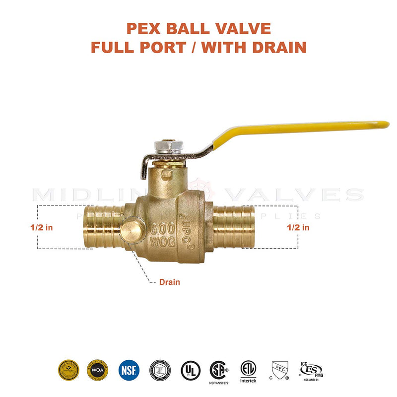 [Australia - AusPower] - MIDLINE VALVE 607Q034-4 Full Port x PEX Barb Ball Valve Water Shut Off with Drain, 1/2", Brass (Pack of 2} 