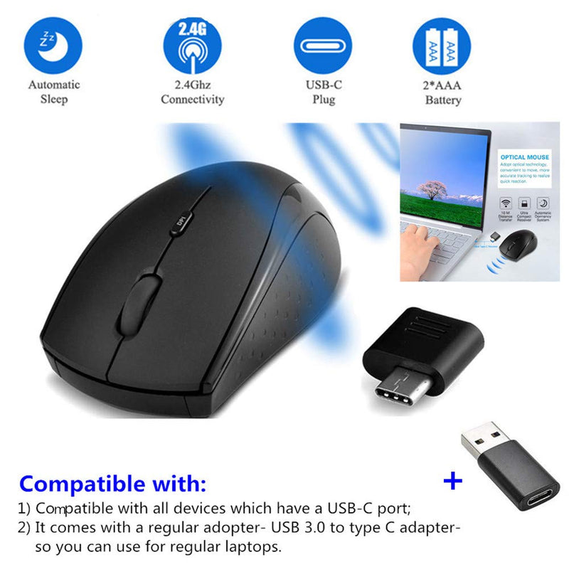 [Australia - AusPower] - Type C Wireless Mouse, USB C Gaming Wireless Mice 2.4G Silent Ergonomic with 3 DPI Levels Compatible with Samsung Chromebook, Google Pixelbook, Dell, HP OMEN, More Device (Black) Black 