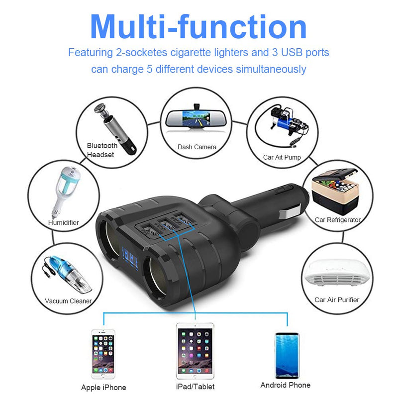 [Australia - AusPower] - QC 3.0 USB Car Charger 2 Sockets Cigarette Lighter Splitter 12/24V 80W Dual USB Type-C Ports Separate Switch LED Voltage Display Built-in Replaceable 10A Fuse Compatible Mobile Cell Phone GPS Dash Cam 