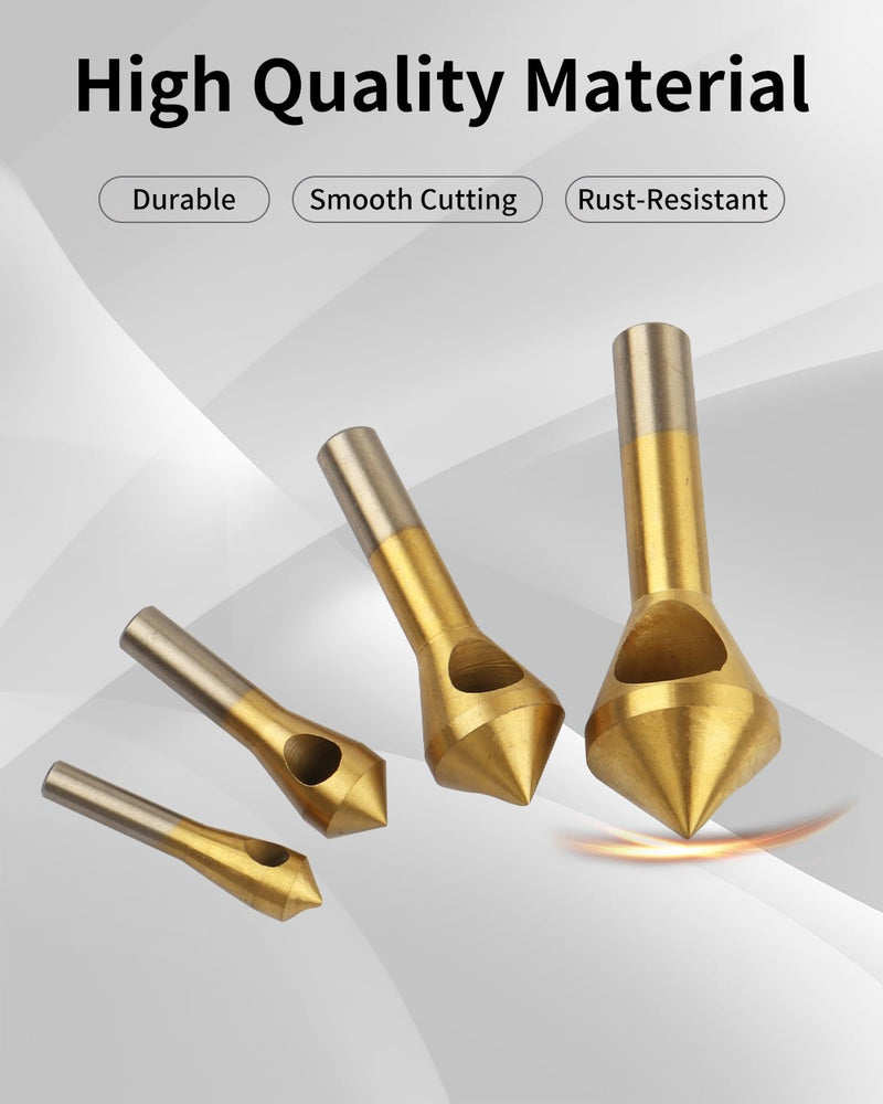 [Australia - AusPower] - AOKLIT Countersink Drill Bit Set, 4 Pcs Titanium Coated Counter Sink Drill Bit Set Deburring External Chamfer Tool, for Wood, Metal, Plastic, PVC Gold 