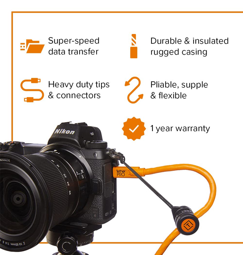 [Australia - AusPower] - Tether Tools TetherPro USB 3.0 to Micro-B Cable | for Fast Transfer and Connection Between Camera and Computer | High Visibility Orange | 15 Feet (4.6 m) 