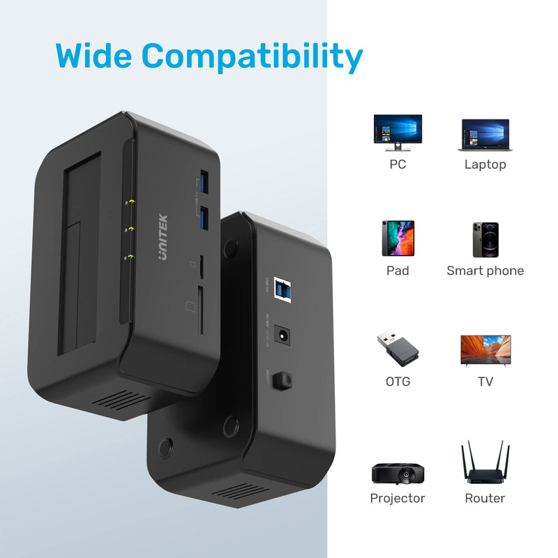 [Australia - AusPower] - Unitek Tool Free USB 3.0 to SATA External Hard Drive Docking Station with 2-Port Hub and Card Reader for 2.5 / 3.5 Inch HDD SSD SATA I/II/III, Support UASP and 16TB Small 