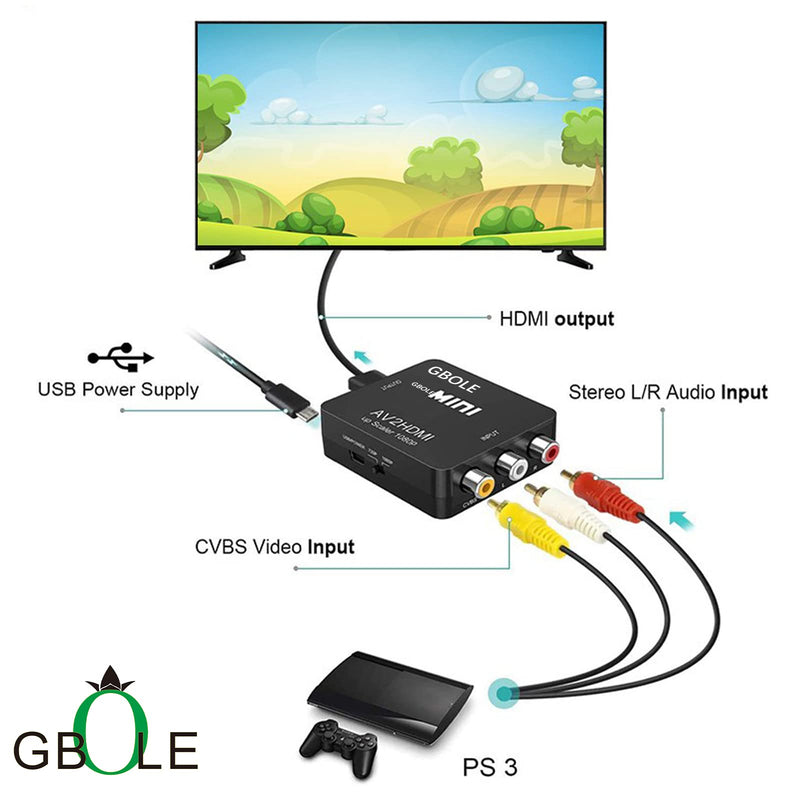 [Australia - AusPower] - GBOLE RCA to HDMI AV to HDMI Converter 1080P Mini RCA Composite CVBS AV to HDMI Video Audio Converter Adapter Supporting PAL NTSC with USB Charge Cable for PC Laptop Xbox PS4 PS3 VHS VCR DVD TV STB 