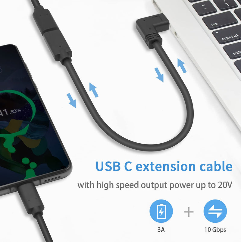 [Australia - AusPower] - Poyiccot USB C Extension Cable 1feet/30cm, USB C Right Angle 90 Degree USB-C USB 3.1 PD 3A 10Gbps Type C Male to Female Extension Cable Short for Laptop & Tablet & Mobile Phone (Right Angle USB C) 90 Degree Type C Male to Female Cable 