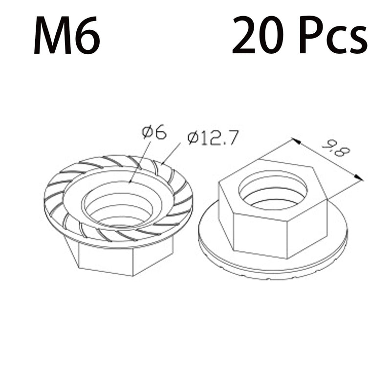 [Australia - AusPower] - 20pcs M6 Hexagon Flange Nuts, Carbon Steel Nickel Plated for Hammer Head Bolt T Screw T-Slot Aluminum Profile,High Strength?Dedicated for T-Bolt Flange Nuts M6 Flange Nuts?20Pcs? 