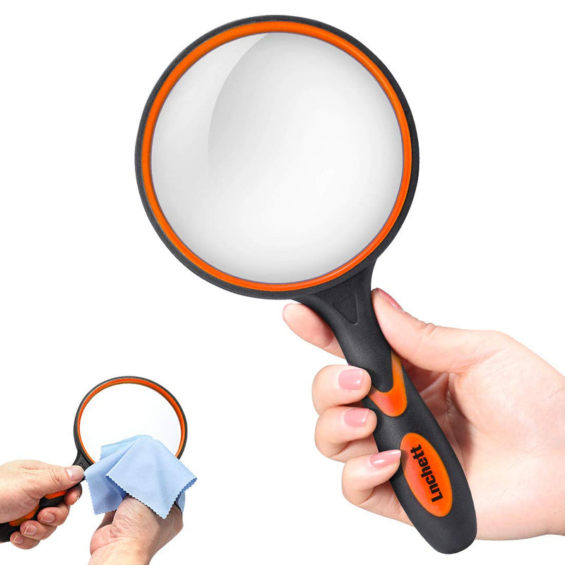 [Australia - AusPower] - Dicfeos Magnifying Glass 10X Handheld Reading Magnifier with Cleaning Cloth-100MM Large Magnifying Lens with Non-Slip Soft Handle for Seniors Book Newspaper Reading and Kids Nature Hobby Exploration 