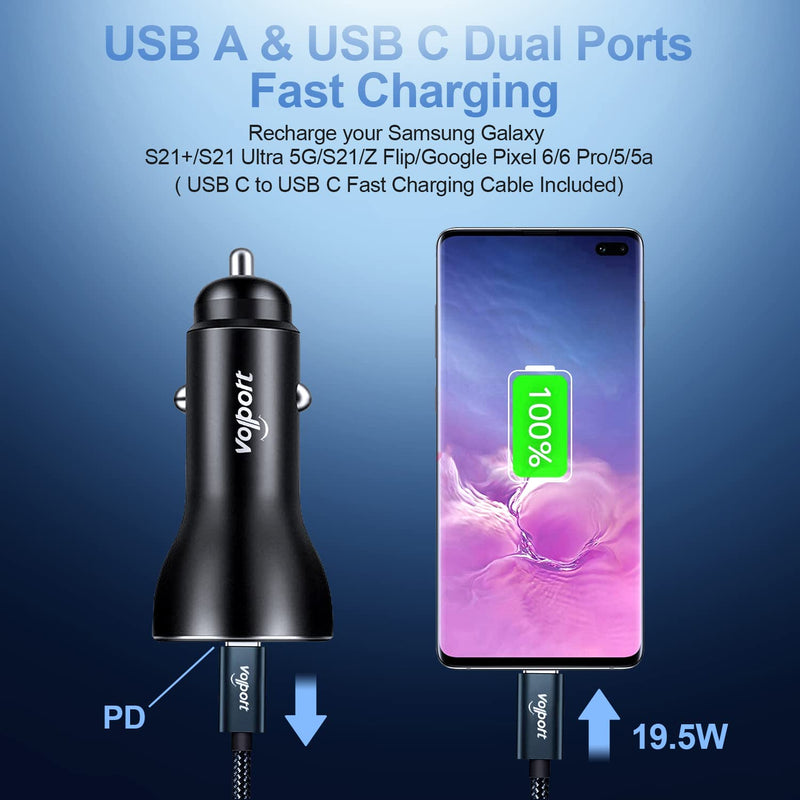 [Australia - AusPower] - USB C Car Charger, VOLPORT 3A Dual Port Car Lighter Adapter with 19.5W Power Delivery and Quick Charge 3.0 Compatible with iPhone 13 12 11 Pro Max X XR XS Sumsung Google Pixel, Type C Cable Included Black 