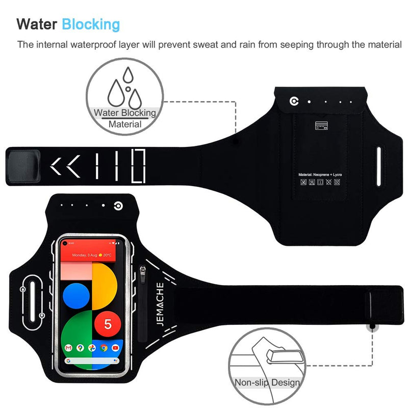 [Australia - AusPower] - Pixel 5 4a 4 3a 3 2 Armband, JEMACHE Water Resistant Gym Running Workouts Thin Phone Arm Band for Google Pixel 5, 4a 5G, 4a, 4, 3a, 3 with Card Holder (Black) 6" Black 