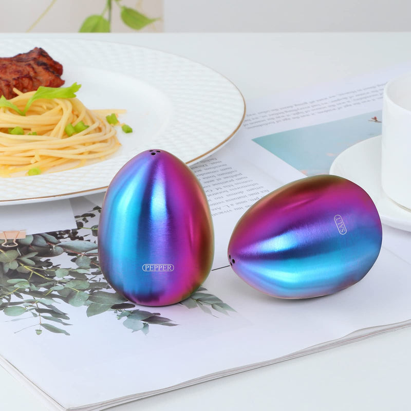 [Australia - AusPower] - 2-Piece Set Rainbow Salt Pepper Shakers, Cute Egg Shape Stainless Steel Condiment Jar for Home and Kitchen Utensils, Comfortable and Ergonomic 2x Rainbow 