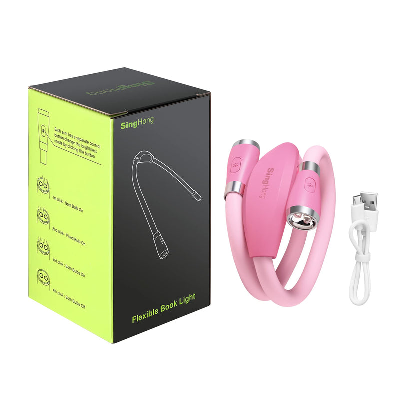 [Australia - AusPower] - SingHong Neck Book Light LED Reading Lamp USB Rechargeable, Hands Free, 4 LED Bulbs, 4 Adjustable Brightness, for Reading in Bed or Reading in Car Lamp ( Pink ) 