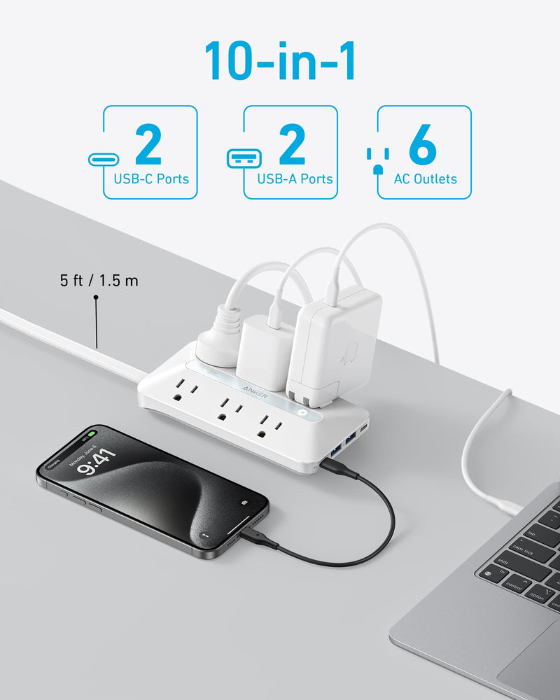 [Australia - AusPower] - Flat Plug Power Strip, Anker USB C Power Strip, 10-in-1 Ultra Thin Power Strip with 6 AC, 2 USB A and 2 USB C Ports,5ft Extension Cord, Desk Charging Station,Home Office College Dorm Room Essentials White 