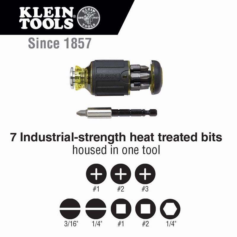 [Australia - AusPower] - Klein Tools 32308 Multi-bit Stubby Screwdriver, Impact Rated 8-in-1 Adjustable Magnetic Tool with Phillips, Slotted, Square and Nut Driver 8-in-1 Stubby 
