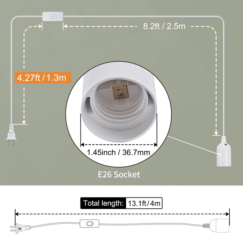 [Australia - AusPower] - DiCUNO Hanging Lantern Extension Cord Cable, E26/E27 Pendant Light Socket On Off Inline Cord Switch Control Lamp, Switch Close to Polarized Plug, 13 Feet, White, 1-Pack 13ft - White 