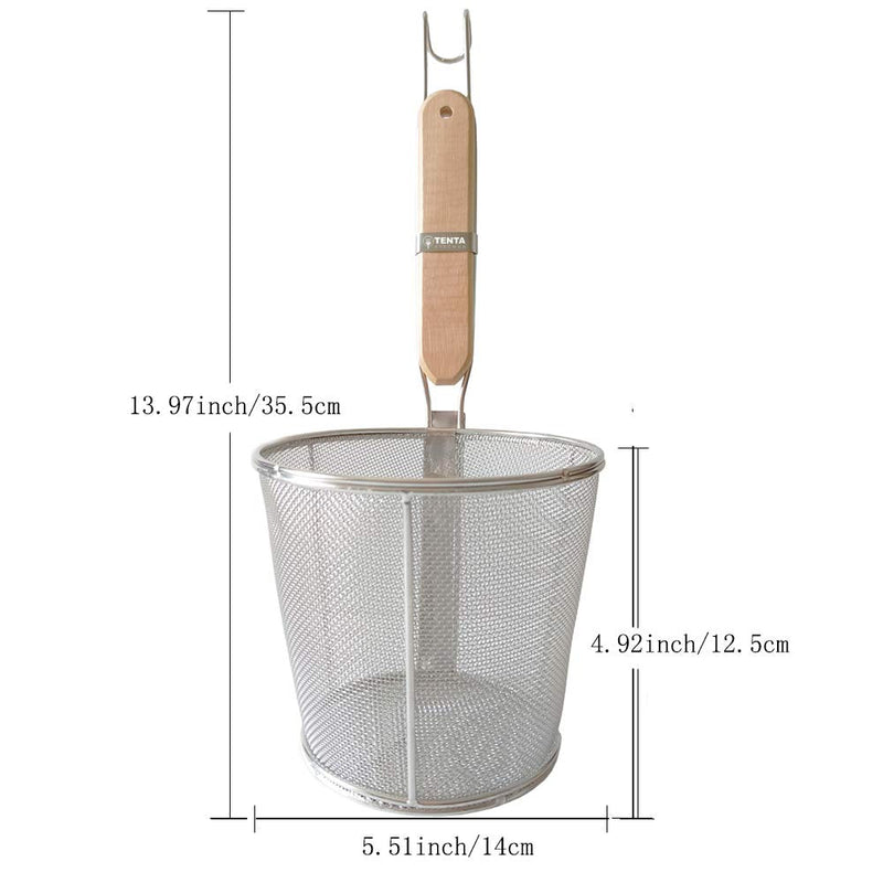 [Australia - AusPower] - Tenta Kitchen Miracle Noodle Angel Hair Pasta Noodle Blanching Basket, Barilla Thin Spaghetti Pasta Deep Strainer Skimmer with Wooden Handle (5.51Inch/14cm) 