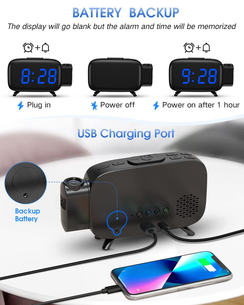 [Australia - AusPower] - Digital Alarm Clock, AKKIGL Alarm Clocks for Bedrooms with FM Radio and USB Charger, Projection Alarm Clock with Dual Alarms, 7 Sounds, Snooze, Dimmable Large LED Display Clock for Kids Teens Adults 