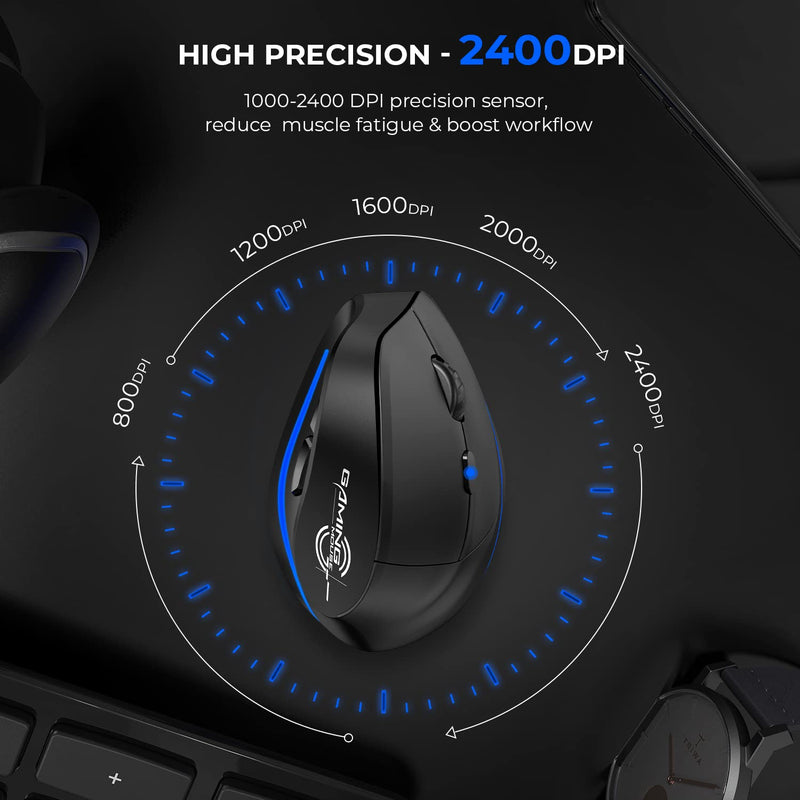 [Australia - AusPower] - ECHTPower Rechargeable Ergonomic Mouse, 2.4G Wireless Vertical Mouse-Reduce Wrist Pain, 3 Adjustable DPI 2400/1600/1000, 6 Button, LED Wireless Mouse for Laptop, Computer, Desktop, Windows, Mac OS 