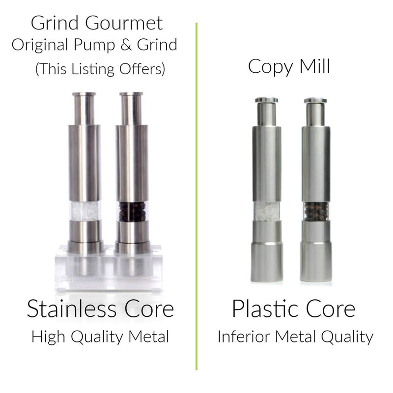 [Australia - AusPower] - Grind Gourmet Salt and Pepper Grinder Set, Original Pump & Grind Peppermill are Refillable, Modern Thumb Press Grinder, Comes with Black Pepper, Sea Salt and Stand, Works With Himalayan Salts 316 Stainless Steel 