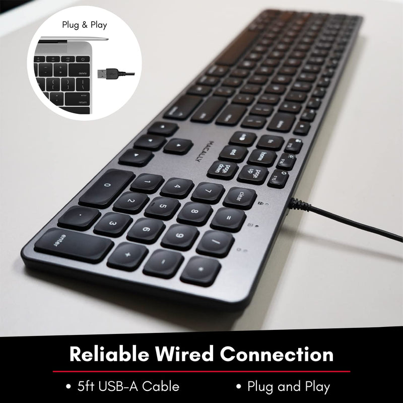 [Australia - AusPower] - Macally Backlit Mac Keyboard Wired - Quiet, Sleek, and Functional - 3 Brightness Levels, 107 Keys - 5ft USB Wired Apple Keyboard - Backlit Wired Keyboard for Mac, iMac, MacBook Pro/Air - Space Gray 