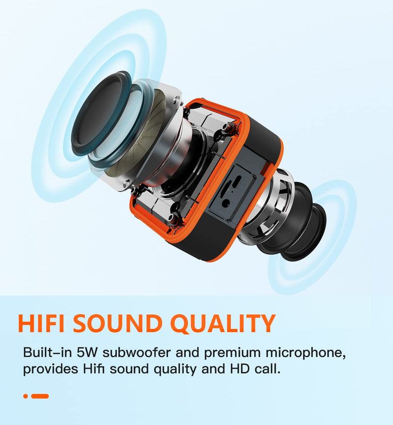 [Australia - AusPower] - Mini Bluetooth Speaker, Small Portable Wireless Speaker with FM Radio, IPX7 Waterproof,TWS Stereo Pairing, Rich Bass, Clip on, 12H Playtime, Support TF Card+Aux Input for Bathroom Shower Beach Travel FM-525Orange 