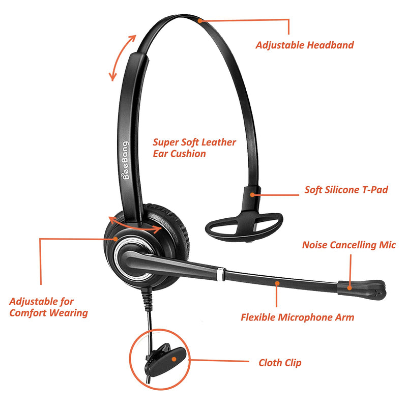 [Australia - AusPower] - Beebang Office Telephone Headset RJ9 Jack with Pro Noise Canceling Microphone and Mute Switch Controls for Plantronics Jabra Polycom Mitel Nortel Shoretel Aastra Avaya Alcatel Landline Phones 