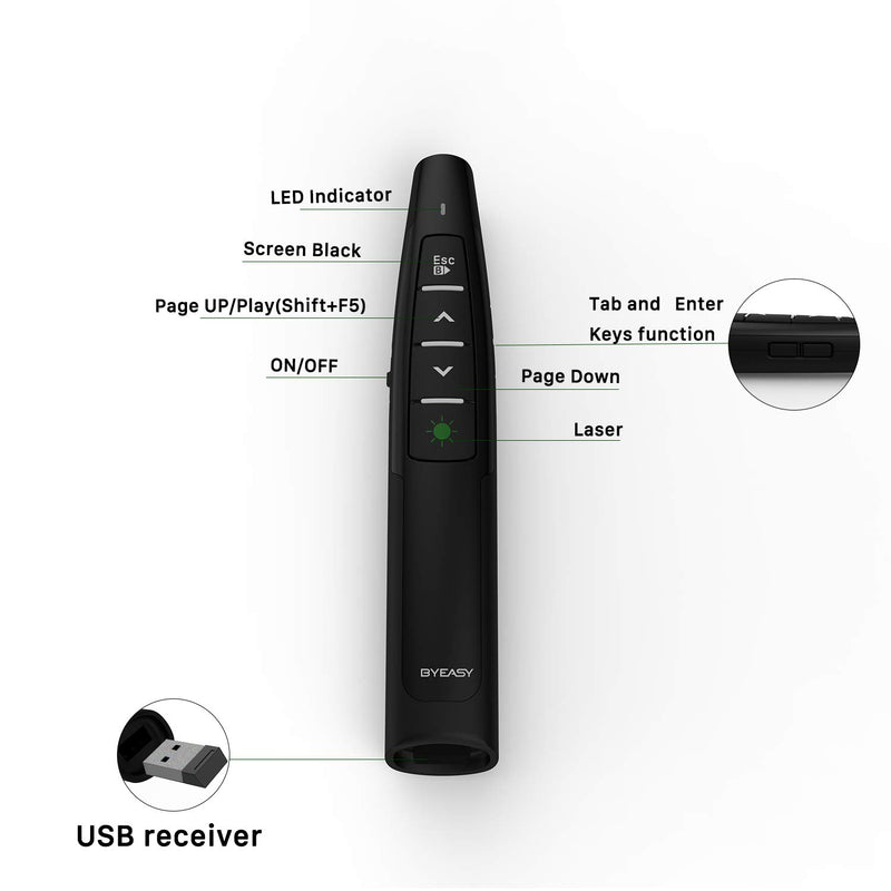 [Australia - AusPower] - BYEASY Presentation Clicker, 2.4Ghz Wireless Presenter Remote with Green Laser for Presentations 100 FT, RF 2.4GHz PowerPoint Clicker for Powerpoint Presentations and Google Slides P6100 P6100 - Green Laser 